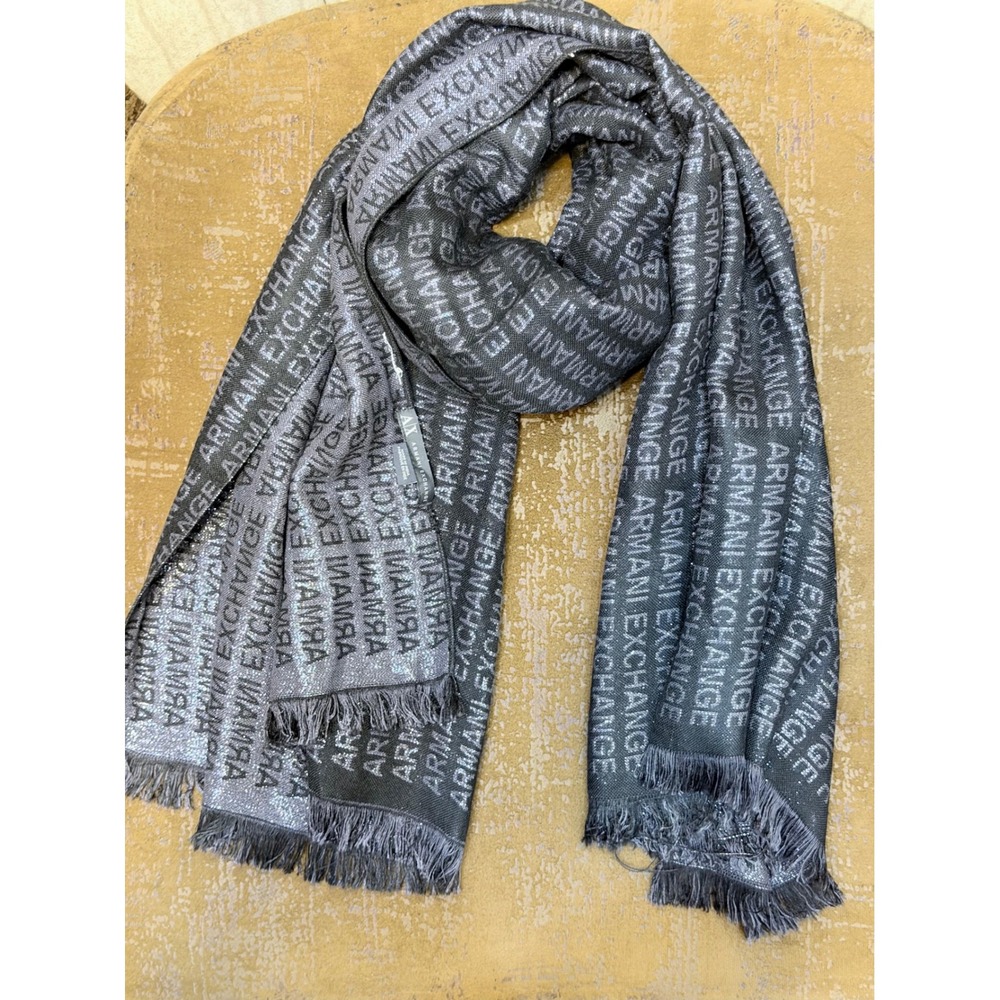 Armani Exchange Scarf Silver Charcoal Grey Metallic Logo Print Fringe Unisex AX